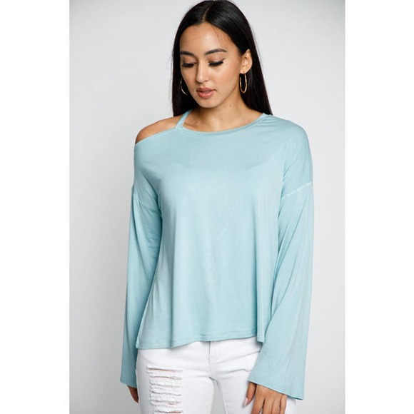 Boutique Tops - Mint Blue Single Cold Shoulder Top
